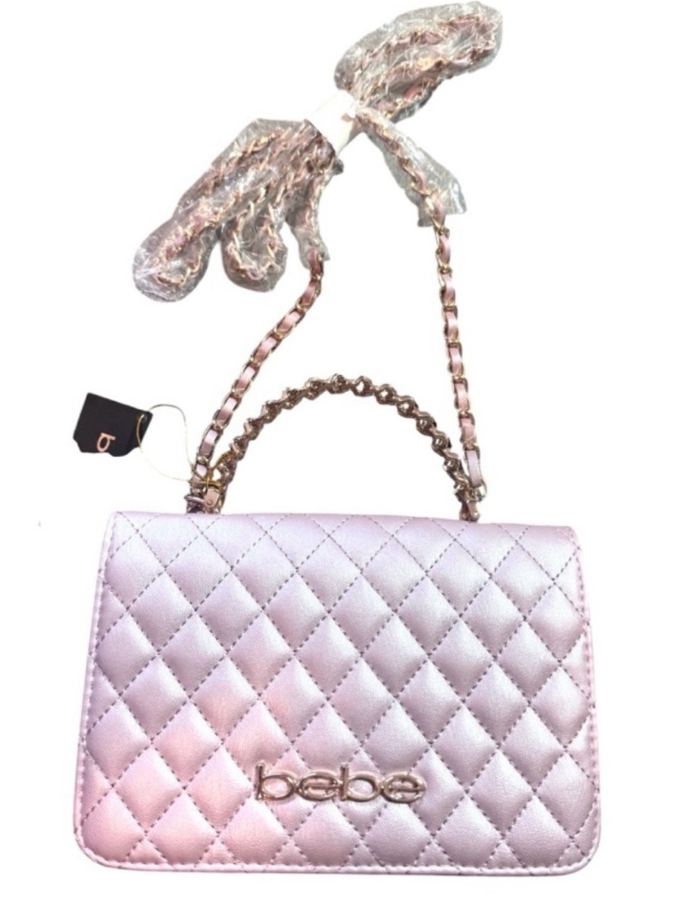 bebe Finlay Metallic Pink Quilted Convertible Flap Crossbody Bag w/ Handle, NWT